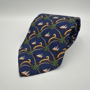 Salvatore Ferragamo Mens Silk Tie Blue Nautical Palm Tree Sailboat Made in Italy